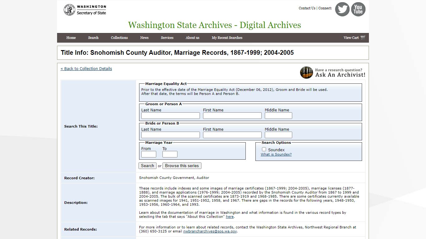 Title Info: Snohomish County Auditor, Marriage Records, 1867-1999; 2004 ...